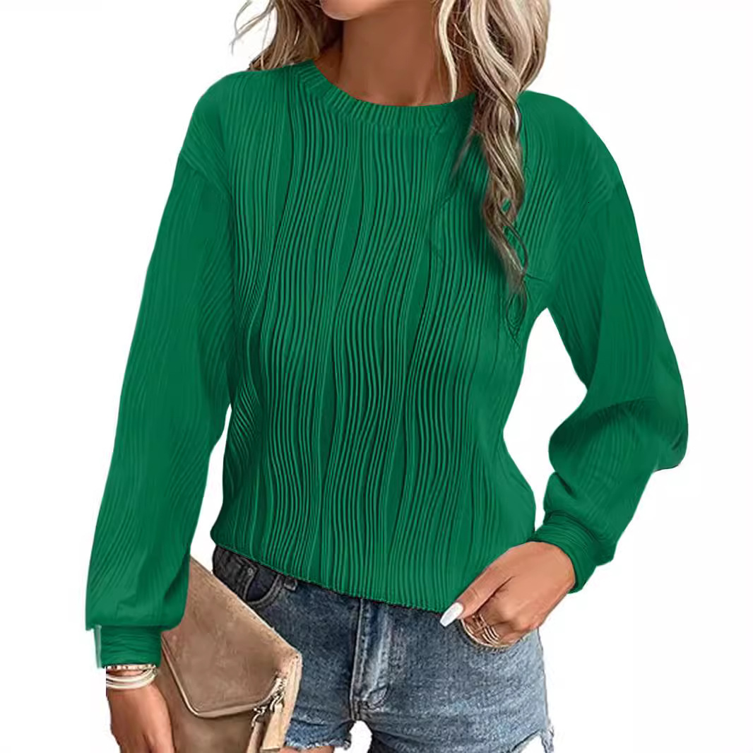 2025 New Drop Shoulder Long Sleeve Textured Round Neck Knitted Solid Color Loose Casual Women's Clothing