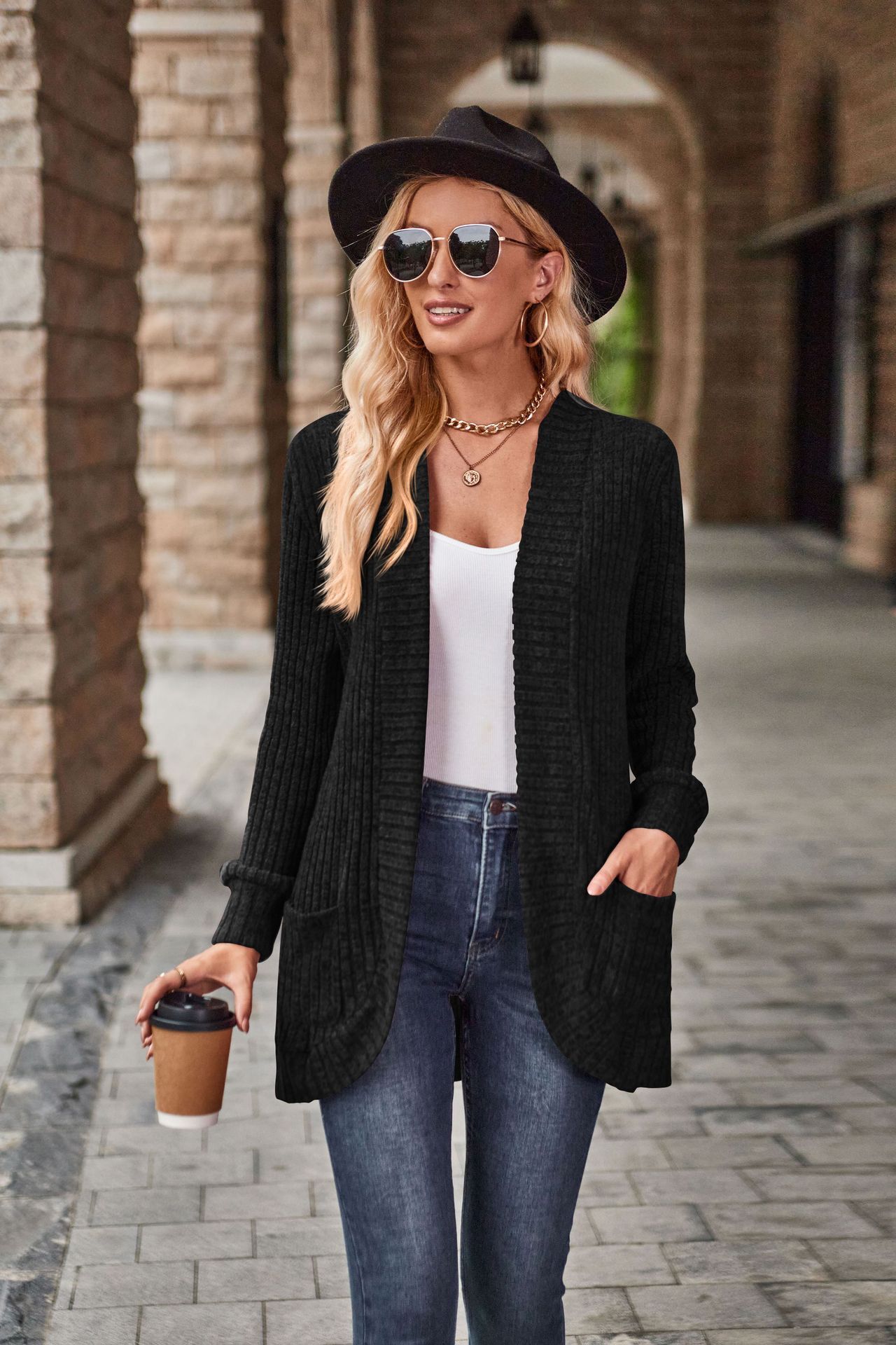 2025 Autumn New Solid Color Ribbed Brushed Casual Patchwork Long Sleeve Cardigan Jacket