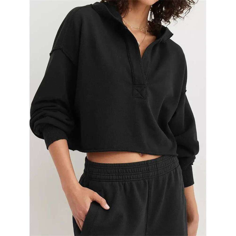 Women's Spring Autumn Hooded Sweatshirt Long Sleeve Solid Color V Neck Crop Hoodie hoodies women