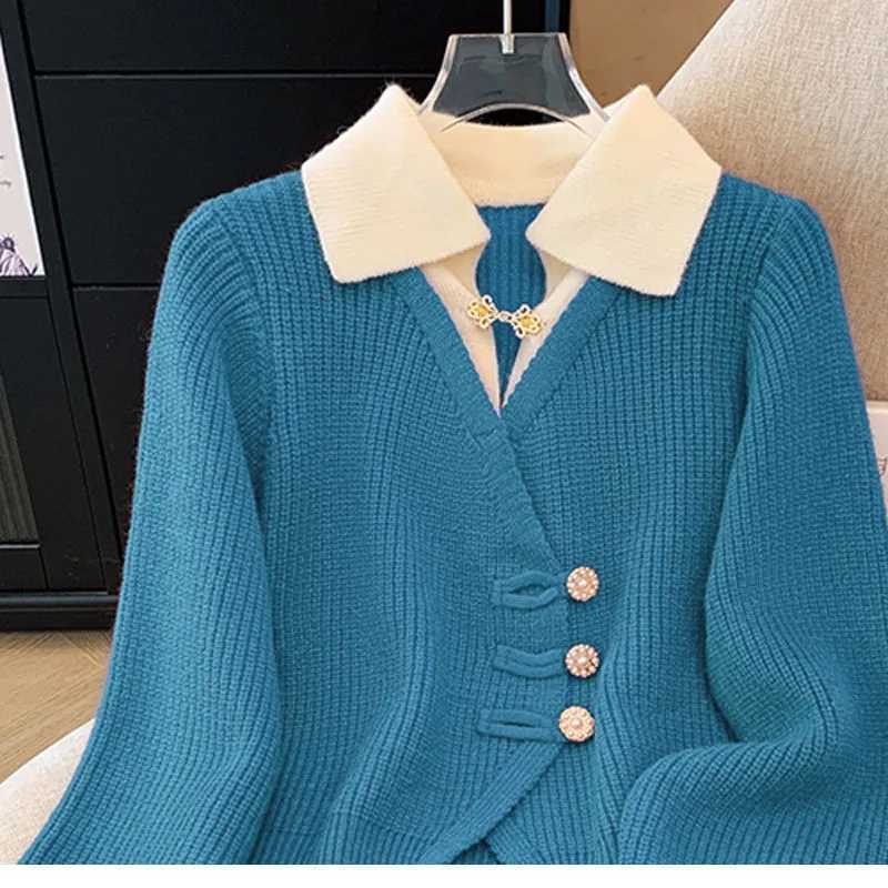 2025 Autumn Winter New Splicing Fake Two Pieces Knitted Cardigan Sweater Women Jacket Fashion Knitwear Loose Ladies Tops B693T251025