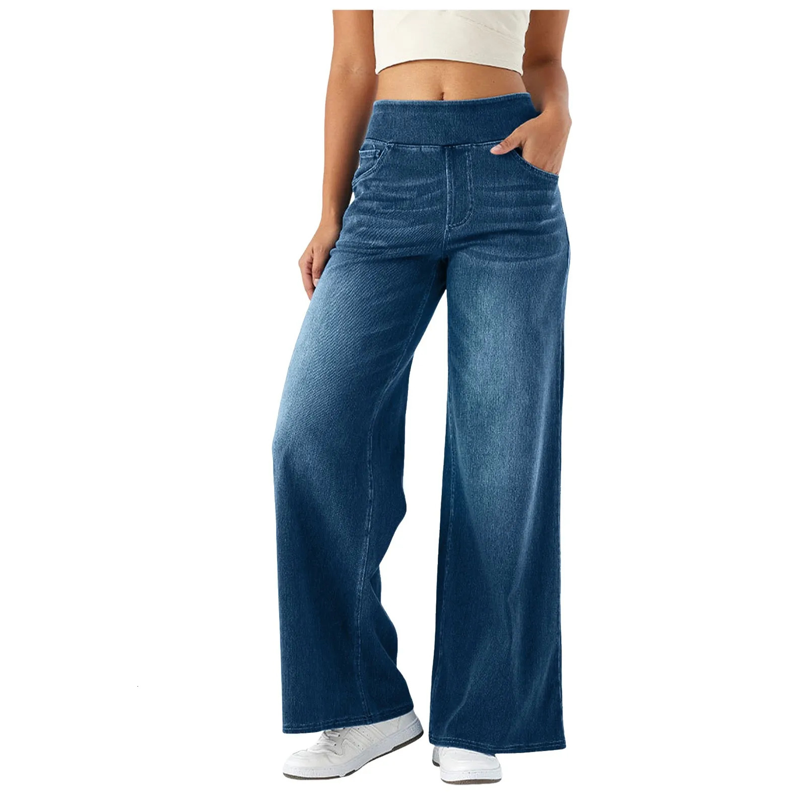 Baggy Ladies Wide Leg Trousers With Elastic Waistband High Waist Stretch Vertical Tube Trousers Stylish Womens Casual Pants 251023