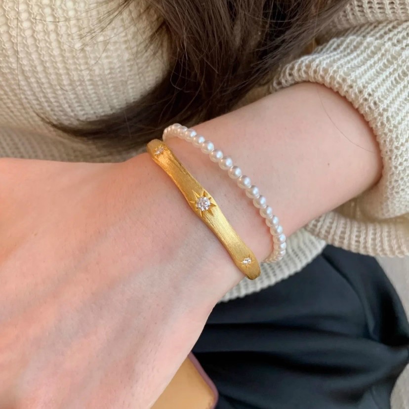 TaiYang New Gold Plated Copper Vintage Brushed Starburst Bracelet, 8-Point Star Open Cuff with Rhombus & Crystal for Women