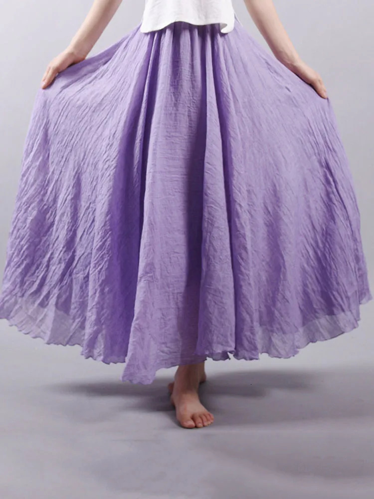 Womens Elegant High Waist Linen Maxi Skirt Summer Ladies Casual Elastic Waist 2 Layers Skirts saia feminina 251013