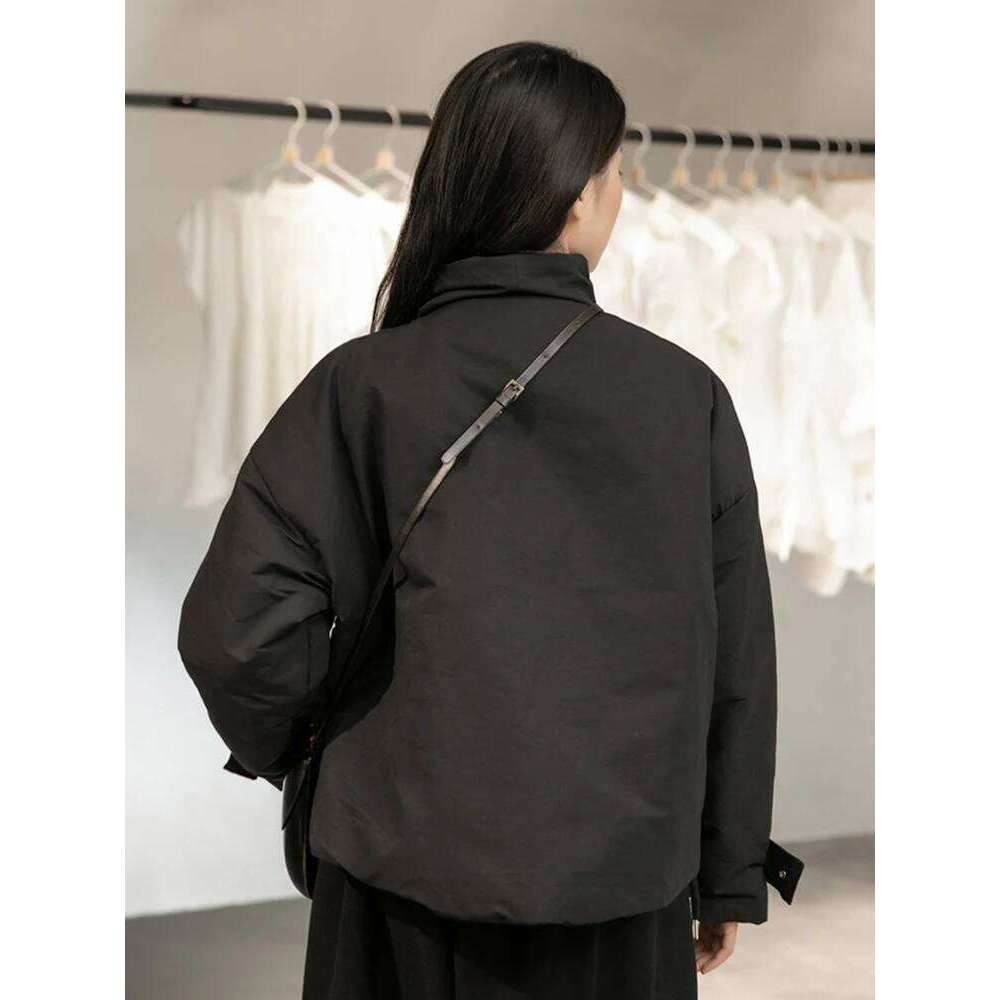 Black Warm Short Stand Collar Cotton-Padded Coat Long Sleeve Loose Fit Women Parkas Fashion New Autumn Winter 2025
