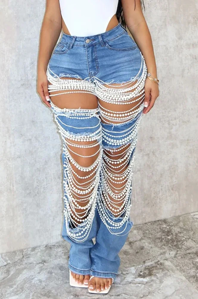Ripped Jeans for Women Straight Pants Diamonds Chain Stretch Distressed High Waist Floor Length 2025 Streetwear Denim Trousers 251023