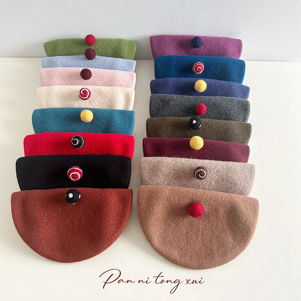 Korean Version Hairball Wool Blend Beret Women Autumn Winter Versatile Woolen Knitted Painter Hat Female Sweet Retro Cap 251023