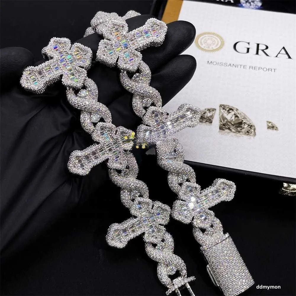 Cross Design Hip Hop Jewelry Sier Charm Iced Out VVS Baguette Moissanite Cuban Bracelet Ddmymon