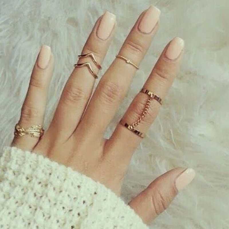 Personalized Fashion Versatile Ring Inlaid with Diamonds Leaf V-Shaped Joint Finger Chain 6-Piece Set New Style