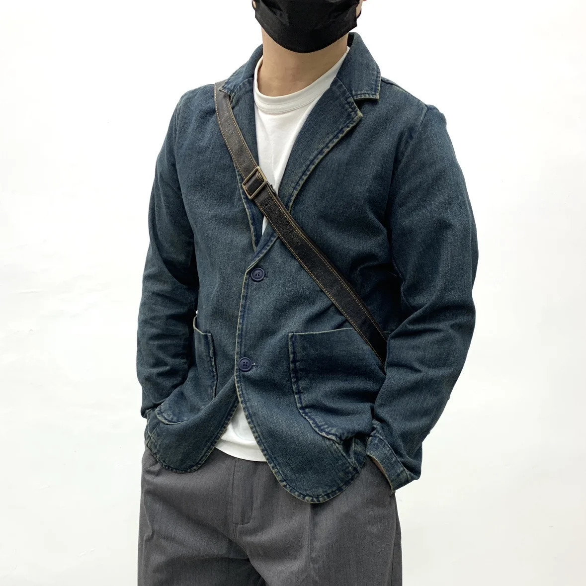 2025 Autumn Casual Denim Blazer for Men Japanese Retro Washed Suit Jacket Unisex Distressed Western Style Coat 251017