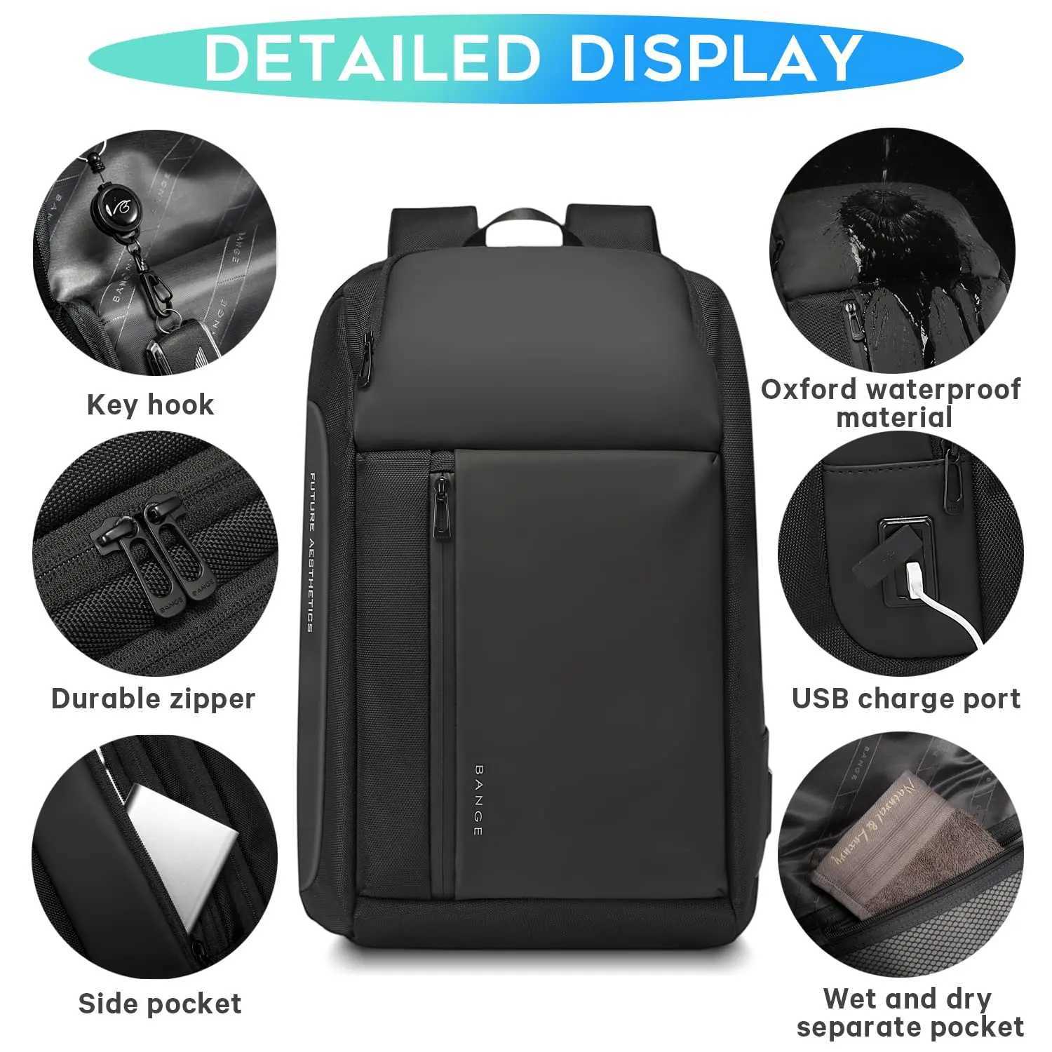 BANGE Waterproof Man Backpack Multifunctional Fits 156 inch Laptop Bag Multilayer Pockets School Backpack with USB Recharging W251025