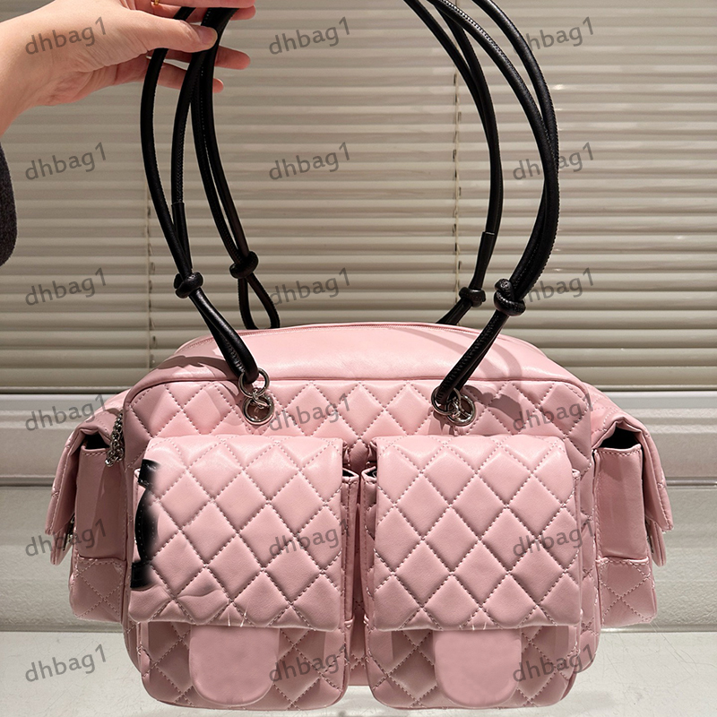 Retro Motorcycle Bag Tote Travel Airport Bags Designer Ladys Shoulder Bags Leather Ribbed Pattern Silver Metal Buckle Multi-Pocket Shopping Underarm Sacoche 30cm