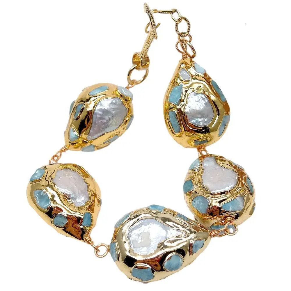 YYGEM Natural White Coin Freshwater Pearl Pave 22x28mm Blue larimar Chips Teardrop Gold Color Plated Wrap Bracelet 9 251016