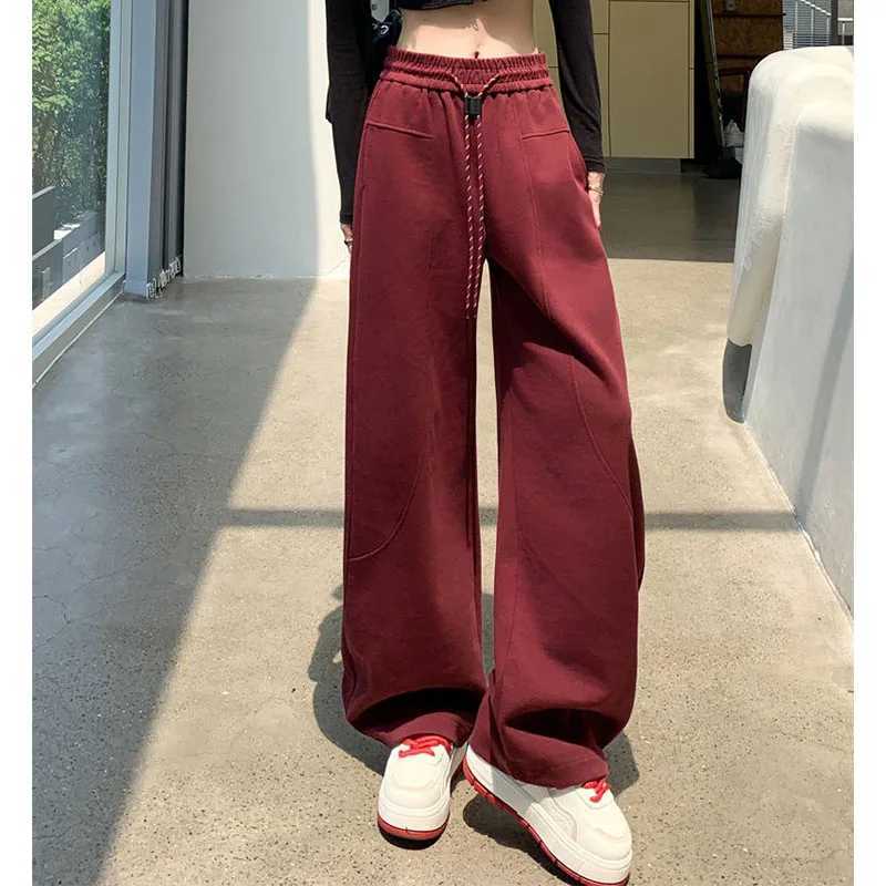 Young Style Streetwear Women Autumn Winter High Waist Pants American Style Plus Fleece Drawstring Allmatch Wide Leg TrousersT251025