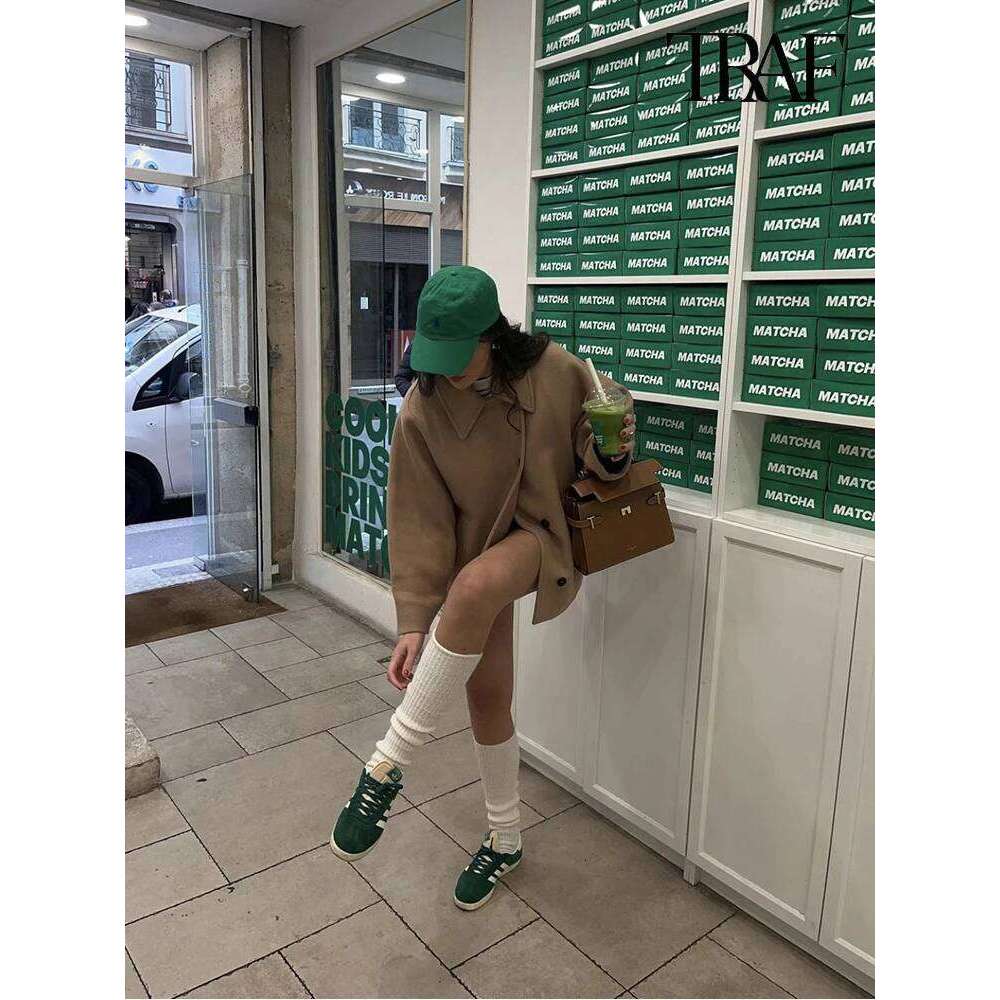Women S Casual Vintage Khaki Bat Sleeve Lapel Warm Tweed Autumn And Winter Fashion Loose Single Breasted Coat