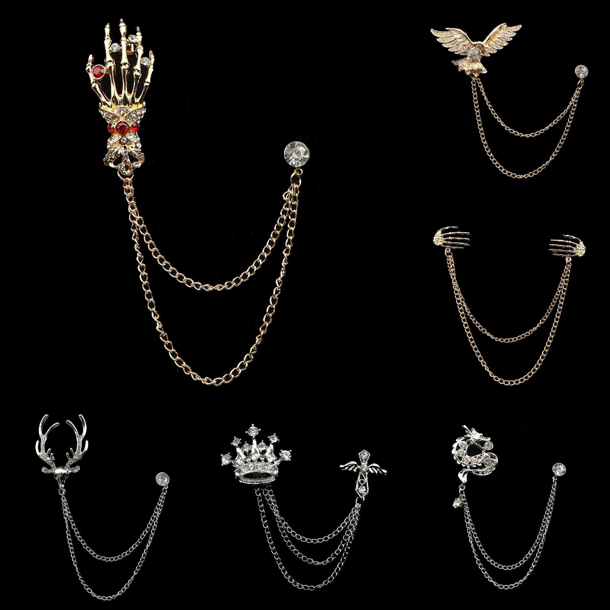 New Retro Men Suit Tassel Chain Lapel Pin Dragon Deer Crown Skull Hand Brooch Unisex Classic Vintage Punk Style Breastpin Gifts J251115