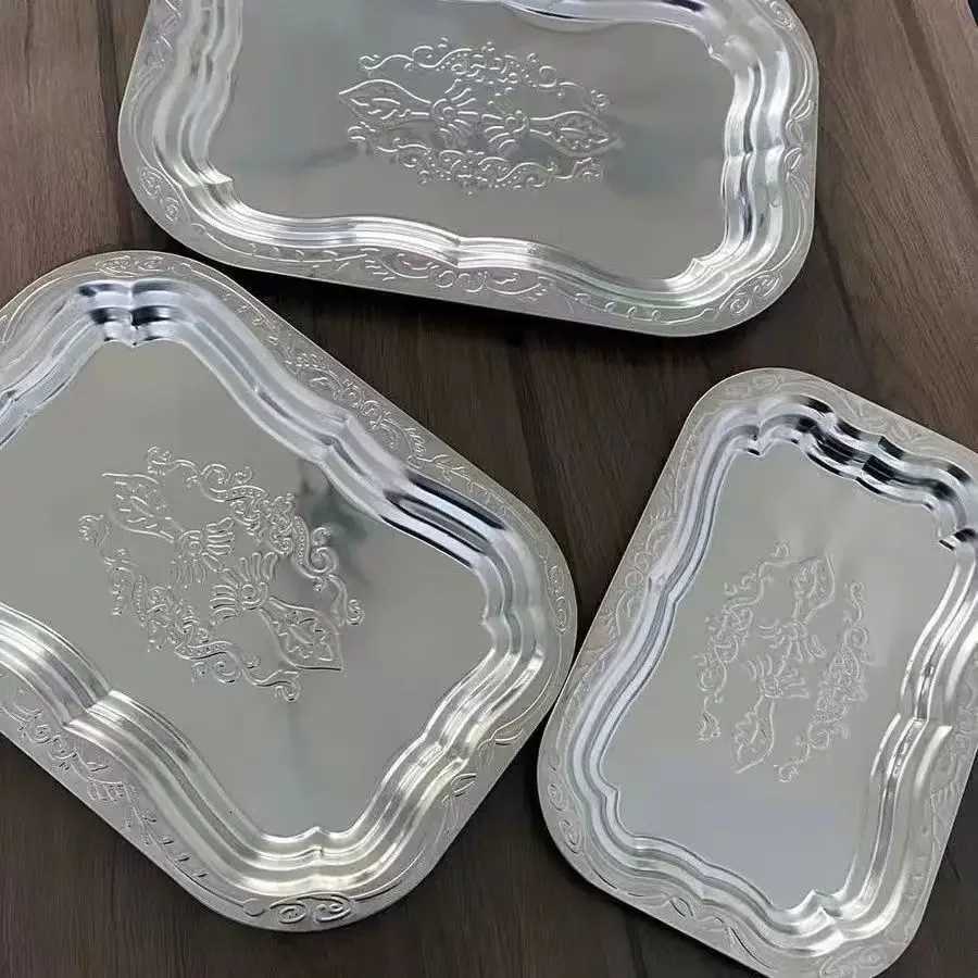 1PCS Stainless Steel Rectangar Tray with Embossed Design for Kitchen Living Ro Storage Durable Fruit Snack Cake Serving Dish Y251025