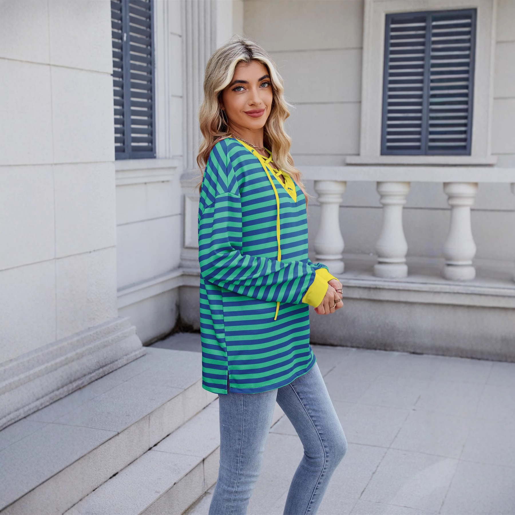 2025 Autumn Winter New Fashion Striped Top Womens Loose Tie Sweatshirt