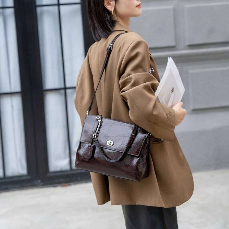 Business Elegant Women Shoulder Tote Office Large Genuine Leather Turn-Lock Flap Cover Square Minimalist Messenger Bag Suotong1025