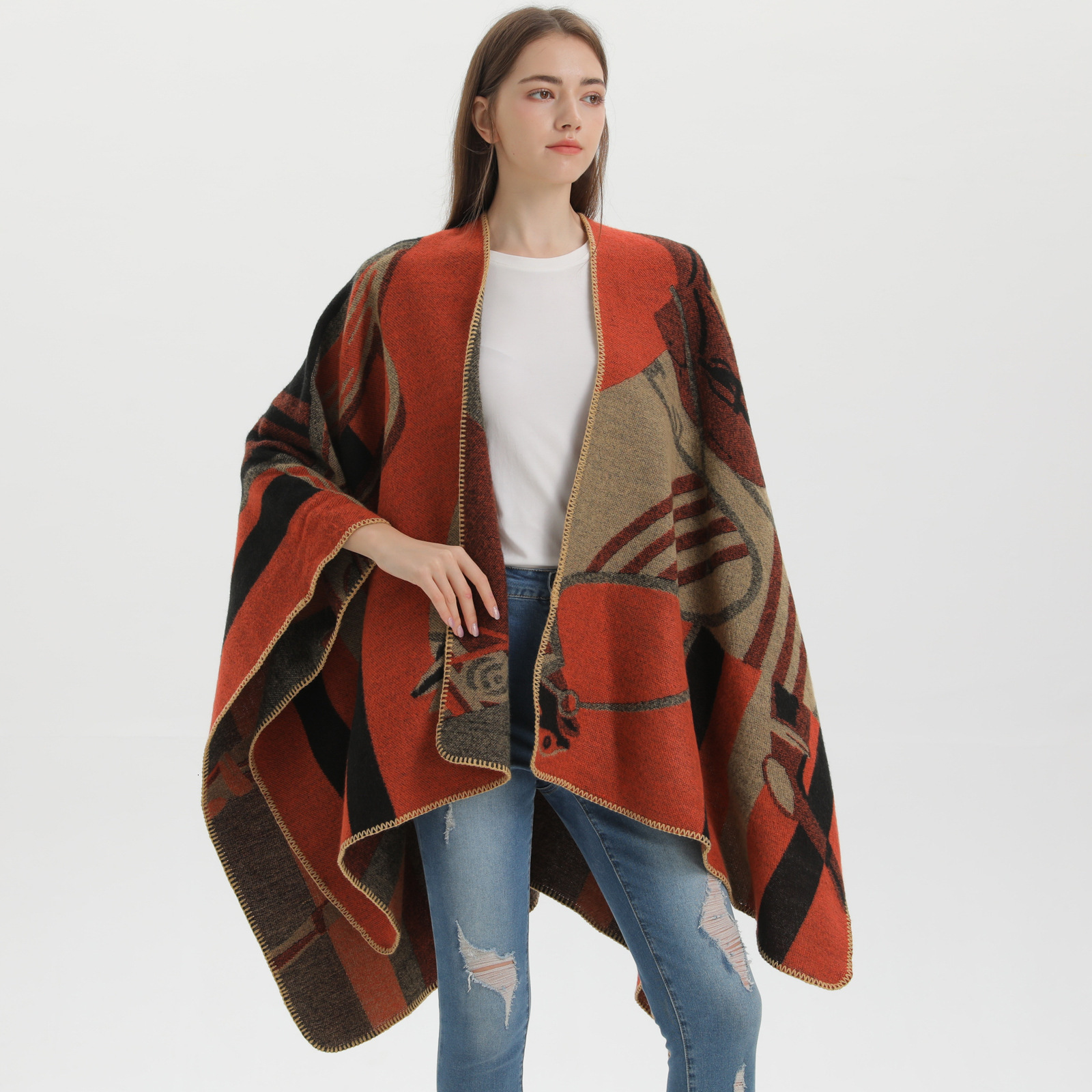 New Womens Shawl Fashion Thickened Imitation Cashmere Split Cape Runway Outerwear
