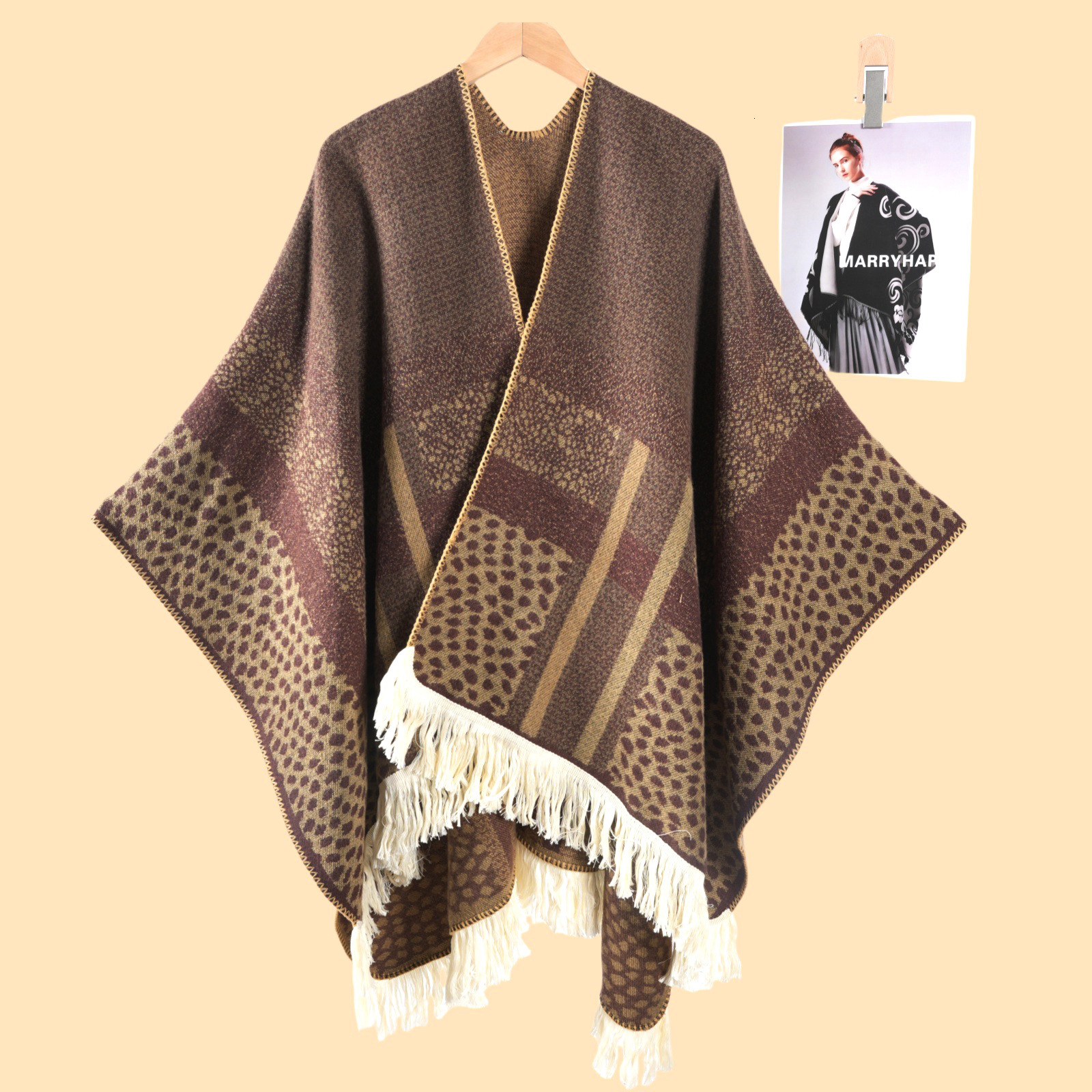 Womens Leopard Print Color Block Large Shawl Cape Autumn Winter Outdoor Cold Protection Warm Jacquard Shawl