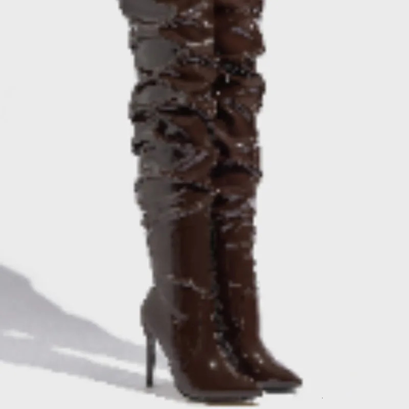 Sharp Pointed Patent Leather Fashionable Womens Boots Model Walking High Heels Boots Brown High Top Knee Size 251023