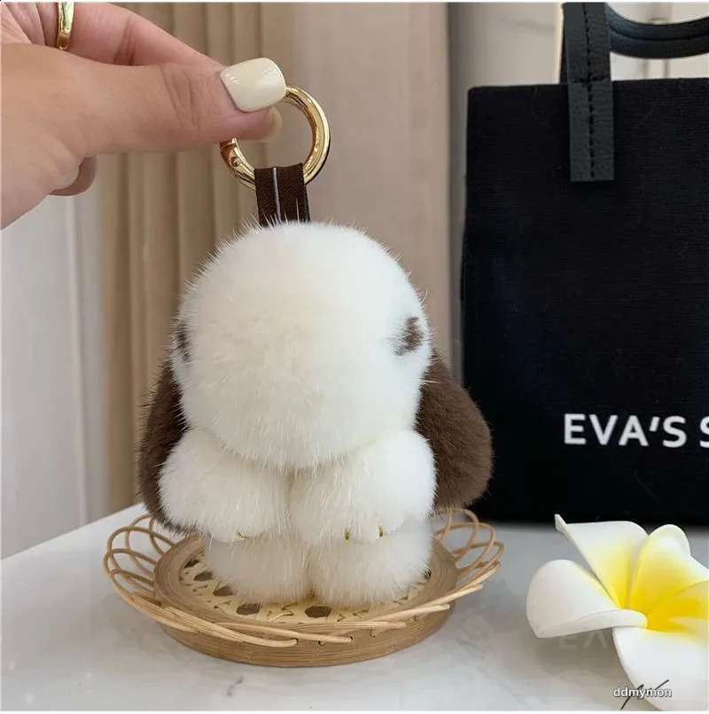 Cute Long Ear Bunny Keychain Real Mink Fur Rabbit Doll Pendant Toys Keyring Handbag Charm Ornament Pompom Plush Jewelry Gifts Y240829 Ddmymon