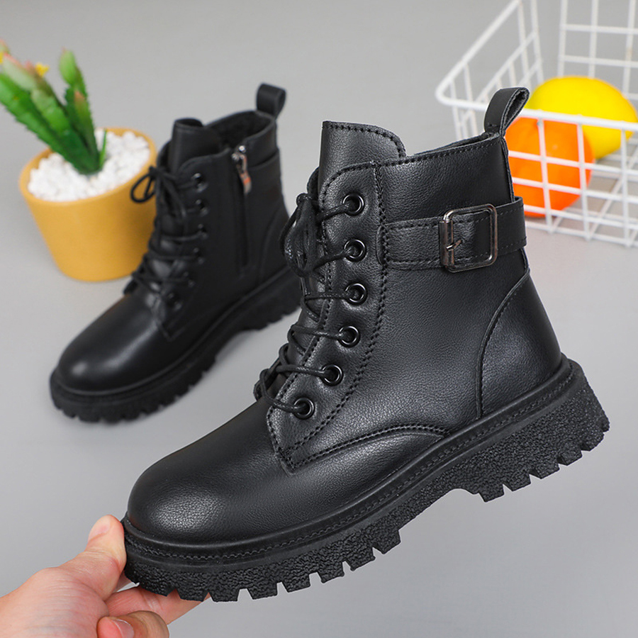 Kids Girl Boots Design Children Winter Lace Up Platform Wedges Comfortable Round Toe Kidsnest Non-slip Ankle Boots Black Plus Sizes 27 - 38 K1186
