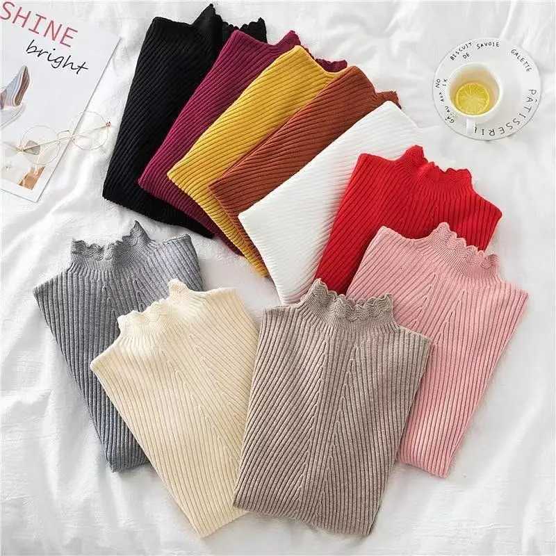 Women Autumn Winter Mock Neck Ruffles Sweater Long Sleeve Knitted Bottoming Solid Pullovers Female Casual Stripe Tops SweaterT251025