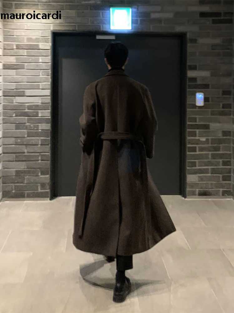 Mauroicardi Autumn Winter Long Casual Brown Black Soft Thick Warm Woolen Coat Men Sashes Luxury Designer Plus Size Overcoat 5XLT251025