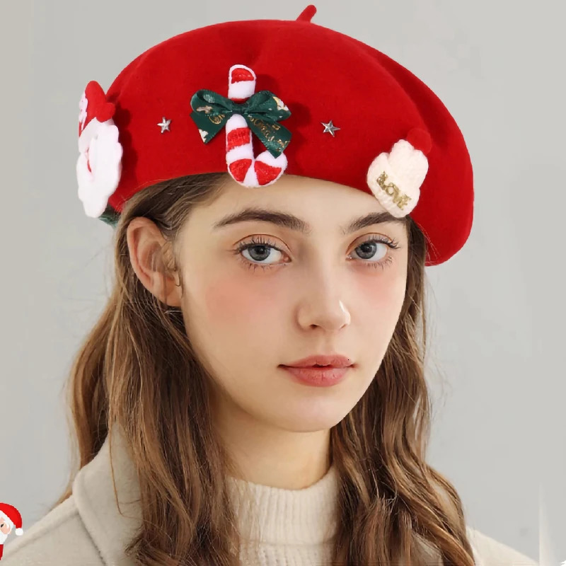 Christmas Beret Hat Women Funny Warm Berets Fashion Korean painter hat Black White Green Red Christmas Hats 251023