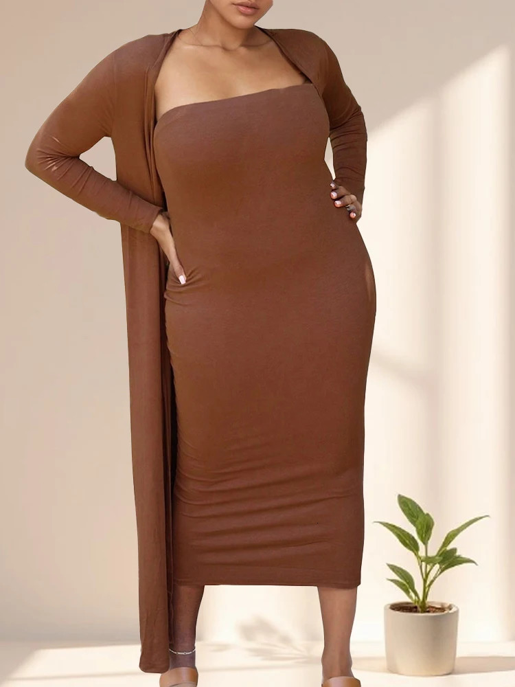 Solid Sexy TubeTop Slim Dress Long Cardigan 2Piece Set Elegant Party Dresses Sleeve Coat Woman Wedding Guest Suit 251016