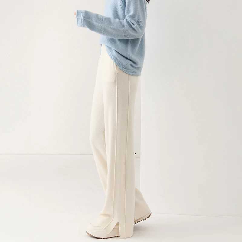 Women Wool Wide Leg Trousers Elastic Waist Side Slit Woman Wool Pants Autumn Winter 100 Merino Wool Knitted Soft Warm TrousersT251025