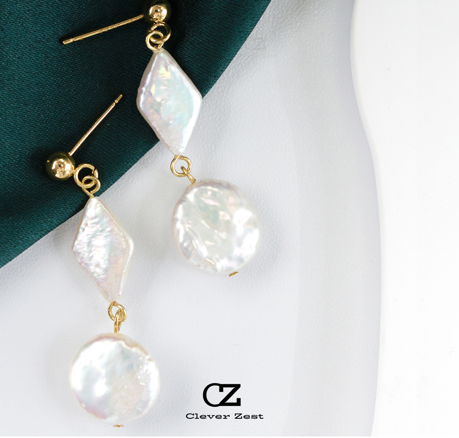 Natural White Diamond-Shaped Button Baroque Earrings 14K Gold-Filled Fashionable Versatile Trend Anniversary Gift Best Friend Gift