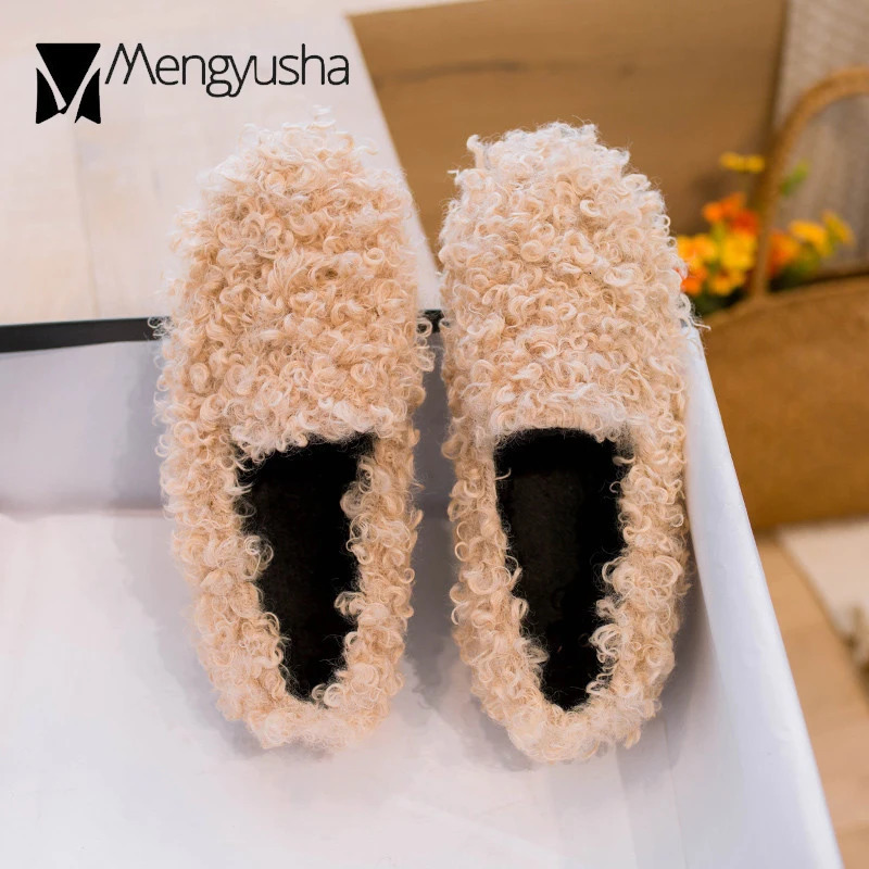 Woman woolen fur flats warm plush shoes women candy color fur loafers ballerina furry moccasins cozy lambswool flats 251023