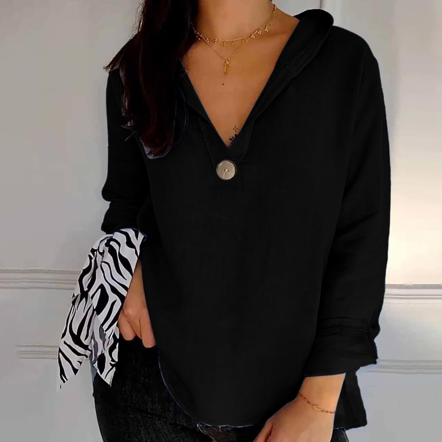 2025 New Womens Hooded VNeck TShirt Loose Slimming Long Sleeve Top