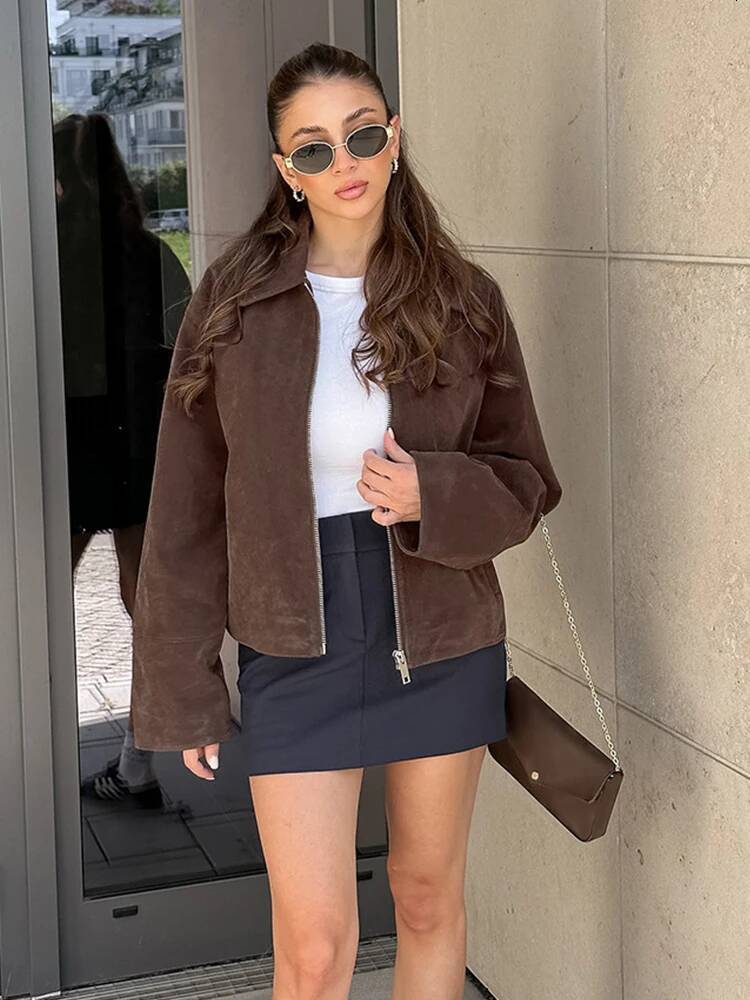 Women Dark Brown Suede Coats Stand-up Collar Short Loose Zipper Single Breasted Long Sleeves Jacket 2025 Autumn Fashion New Coat dongdumaoyi