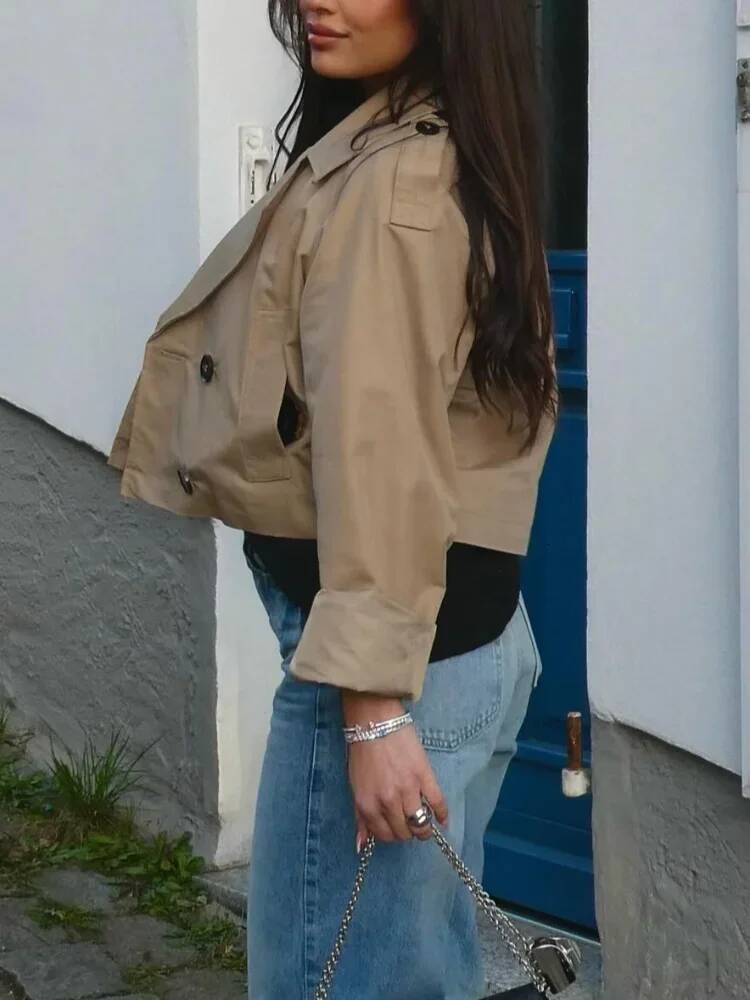 Solid Color Loose Short Coats Woman Double Breasted Lapel Long Sleeves Jacket Casual Fashion Women's Spring Autumn New Jackets dongdumaoyi