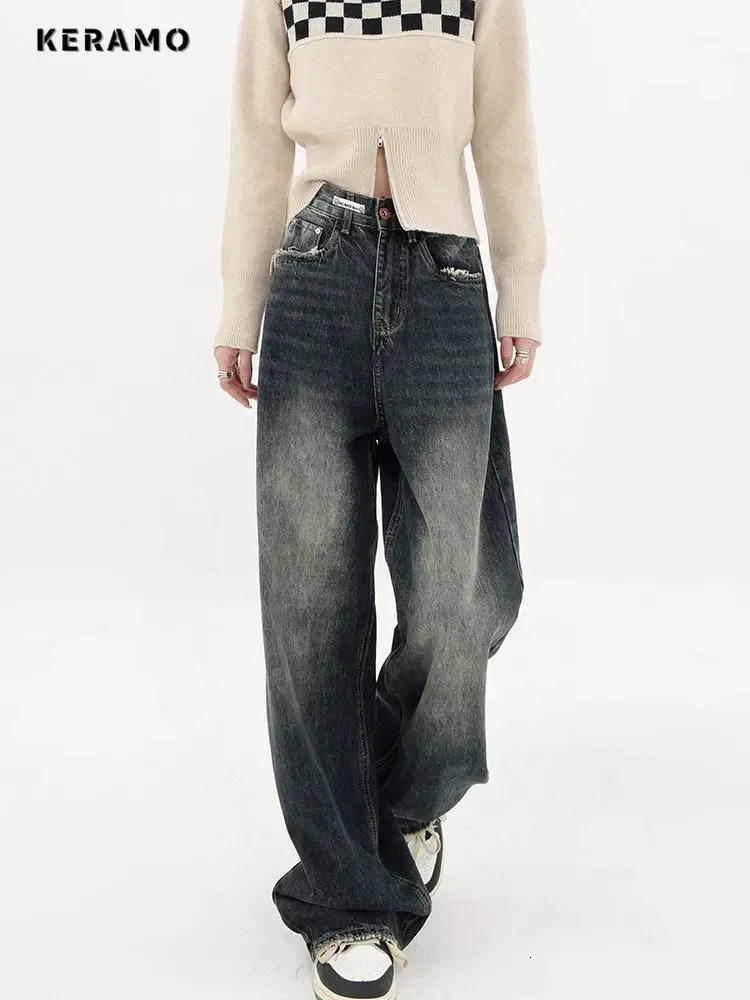 Harajuku Streetwear Retro Fashion Autumn Women High Waist Jeans Loose Wide Leg Straight Loose Denim Trousers Y2K Baggy Pants 251023