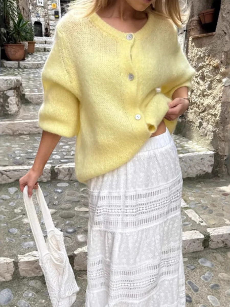 Bornladies Womens Knit Cardigan Long Sleeve ONeck Button Up Loose Fit Soft Mohair Blend Spring Autumn Fashion Sweaters 251013