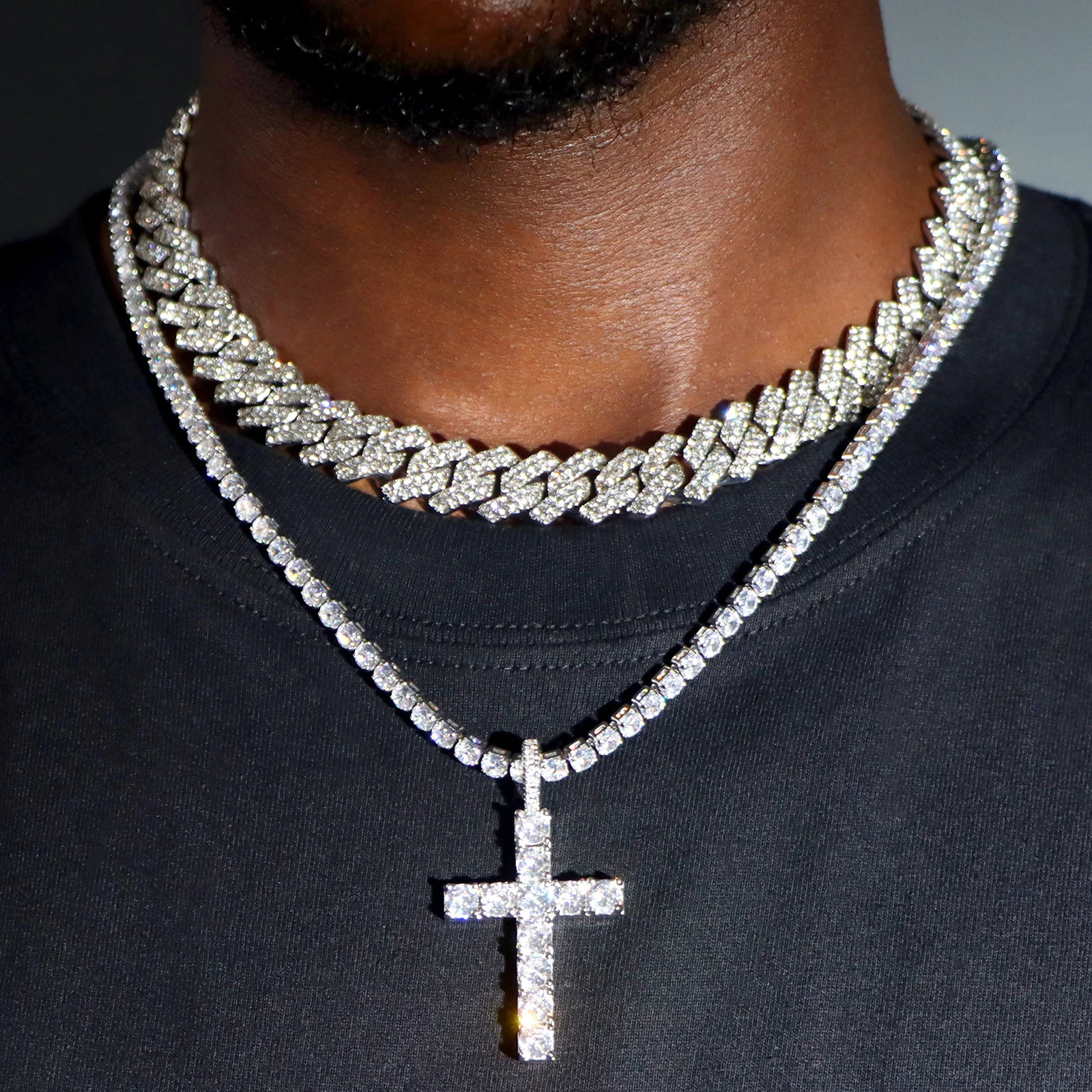Hip Hop 2pcs Cross Tennis Chain 14MM Prong Cuban Necklace For Men Women Iced Out 2 Row Cuban Link Chain Necklaces Couple Jewelry 251013