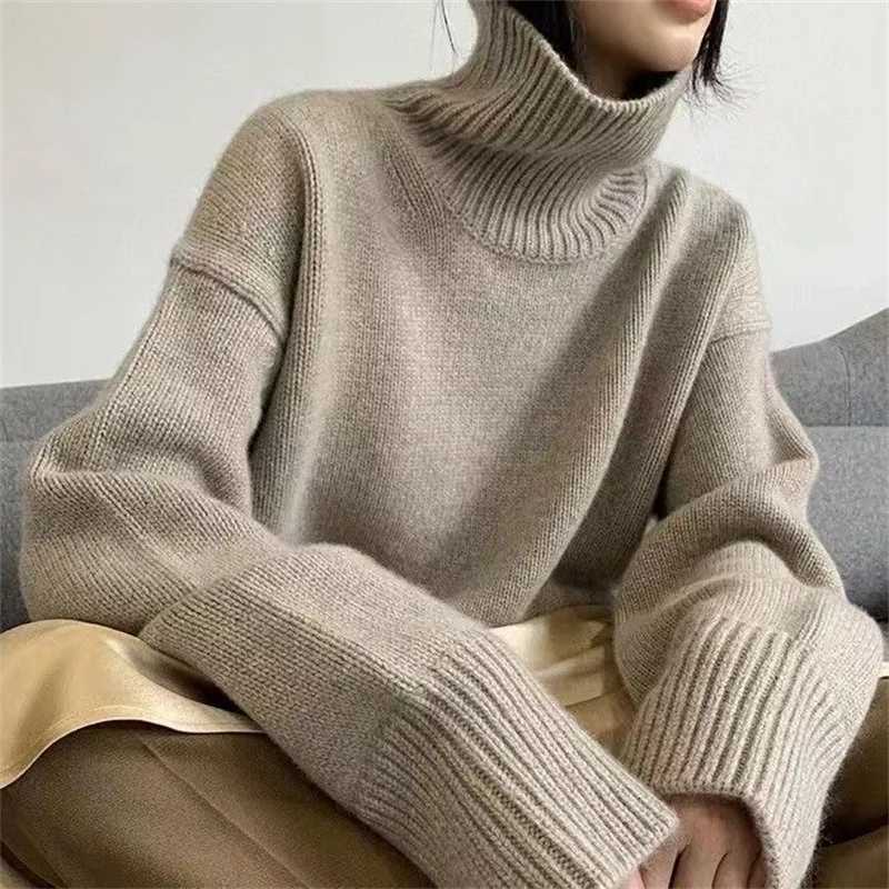New Autumn Winter Turtleneck Sweater Womens Pullover Thickened Silhouette Loose Lazy Style Casual Knitted Bottoming Top WomenT251025