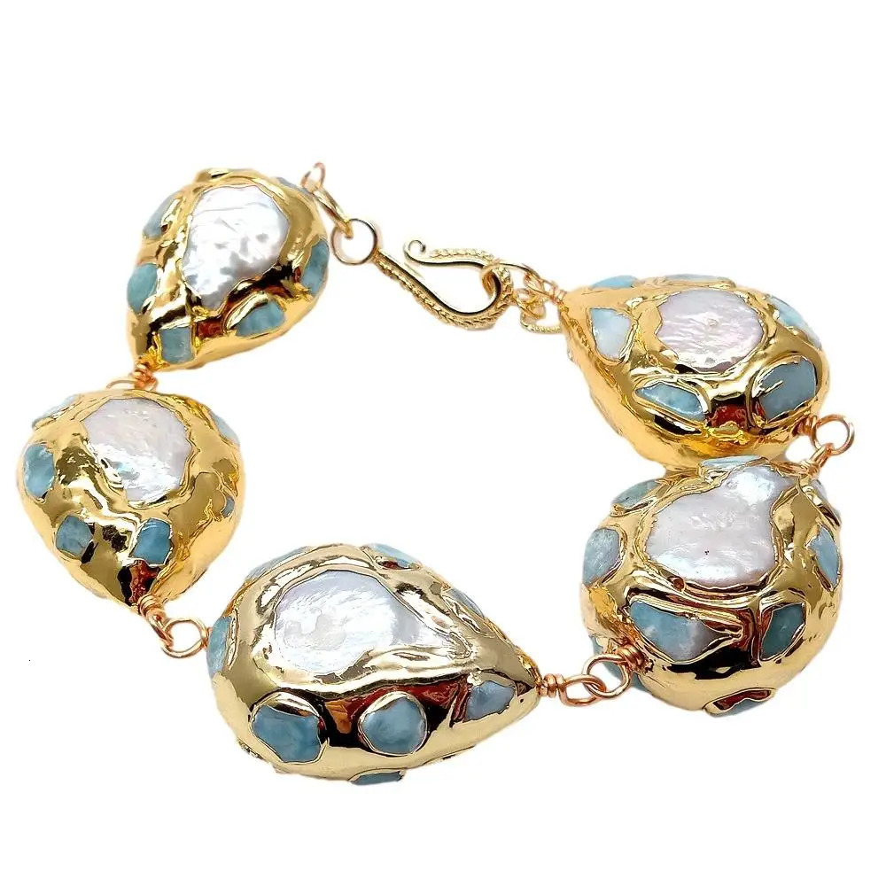 YYGEM Natural White Coin Freshwater Pearl Pave 22x28mm Blue larimar Chips Teardrop Gold Color Plated Wrap Bracelet 9 251016
