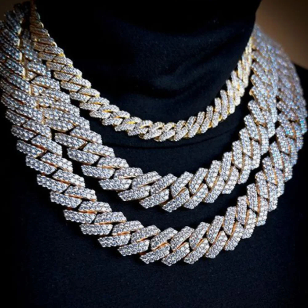 Iced Out Bling Rhinestones Prong Cuban Link Chain Mens Necklace 2 Row Crystal Curb Cuban Chain Hip Hop Jewelry 131420MM 251013