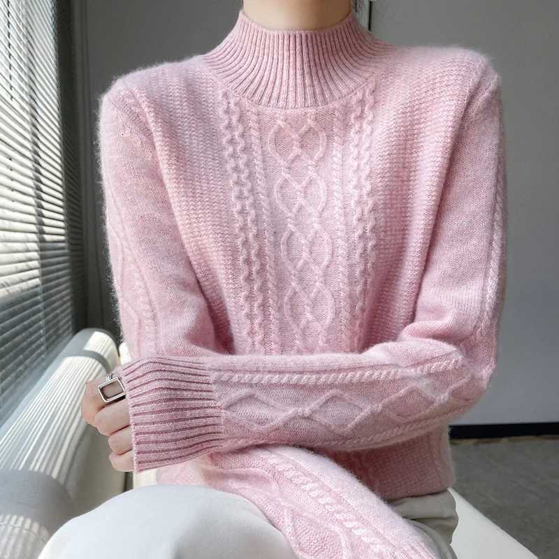 New Spring Knitted Pullovers Half High Collar Loose Thick Warm Sweater For Women Vintage Autumn Winter Mother Bottoming TopT251025