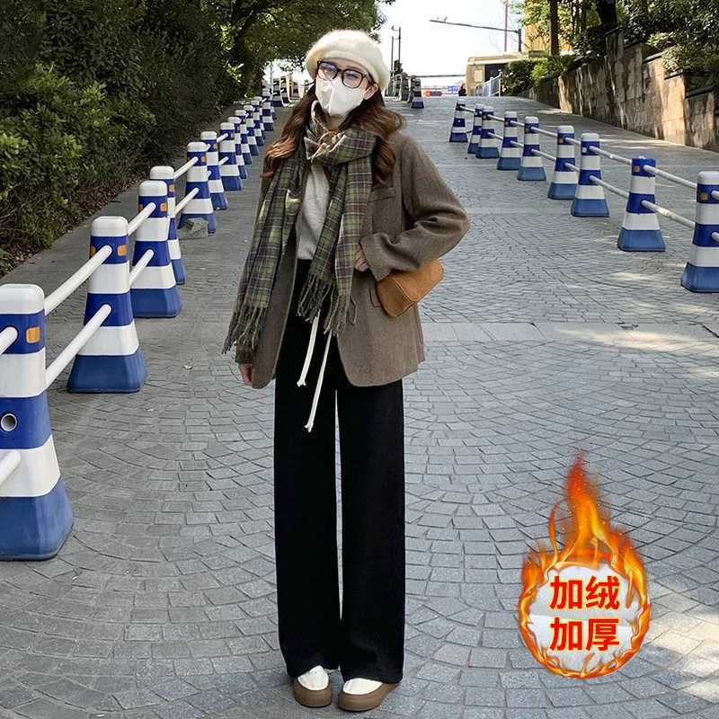 Imitation Cashmere Knitted for Women in Autumn Winter Thickened Velvet High Waist Loose Casual Straight Wide Leg PantsT251025