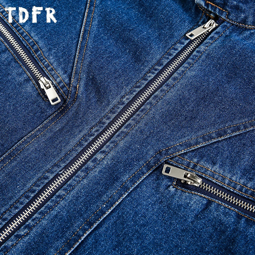 Zipper Decoration Denim Jacket Mens Spliced Retro Washed Distressed Stand Collar Long Sleeve Loose Jeans Man 251017