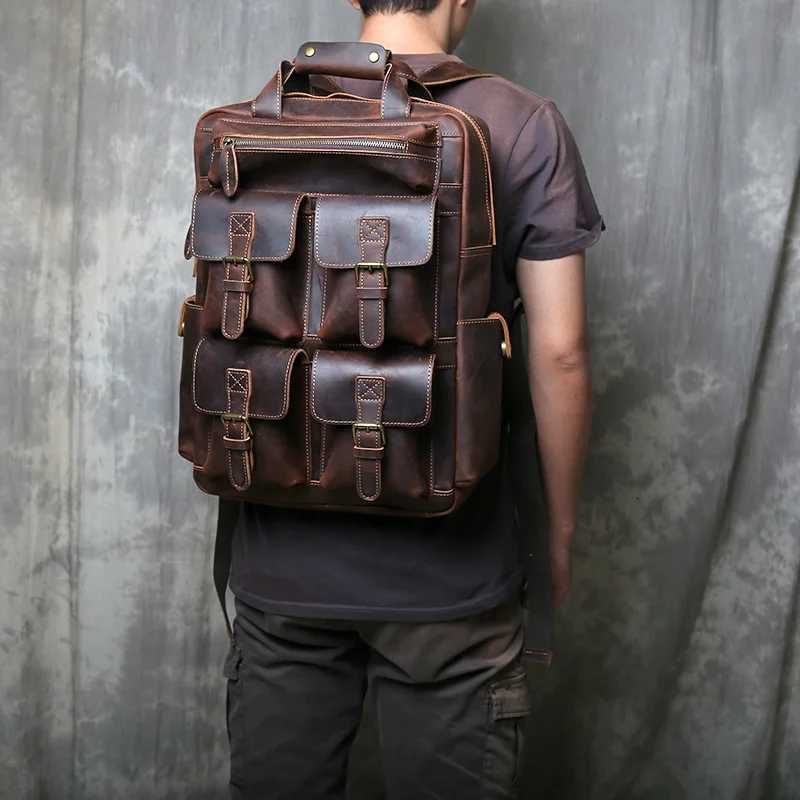 Retro Fashion Genuine Leather Mens Backpack Head Layer Leather Large Capacity Multi Pocket Outdoor Minimalist Computer Bag W251025