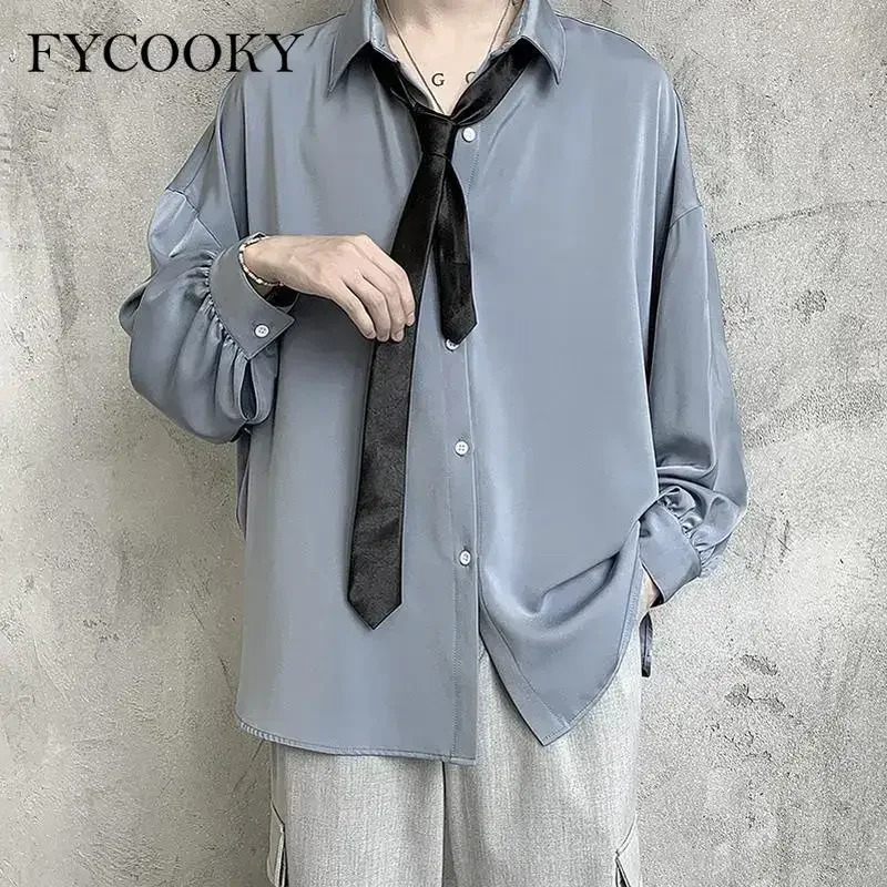 Black Longsleeved Shirts Men Korean Comfortable Blouses Casual Loose Single Breasted Shirt with Tie 251023