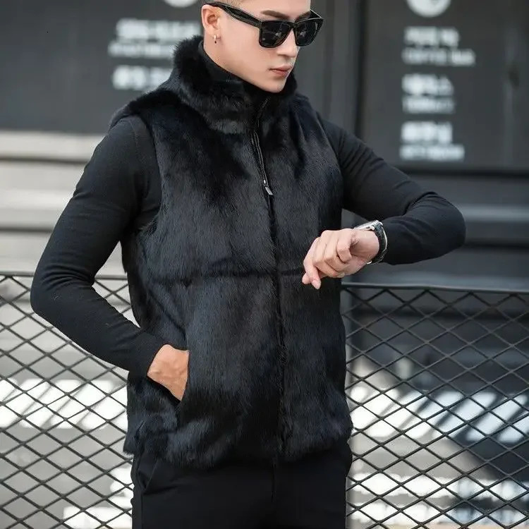Men Autumn Winter Genuine Rabbit Fur Vest Male Solid Color Warm Waistcoat Men Real Fur Stand Collar Vest Jackets V02 251020
