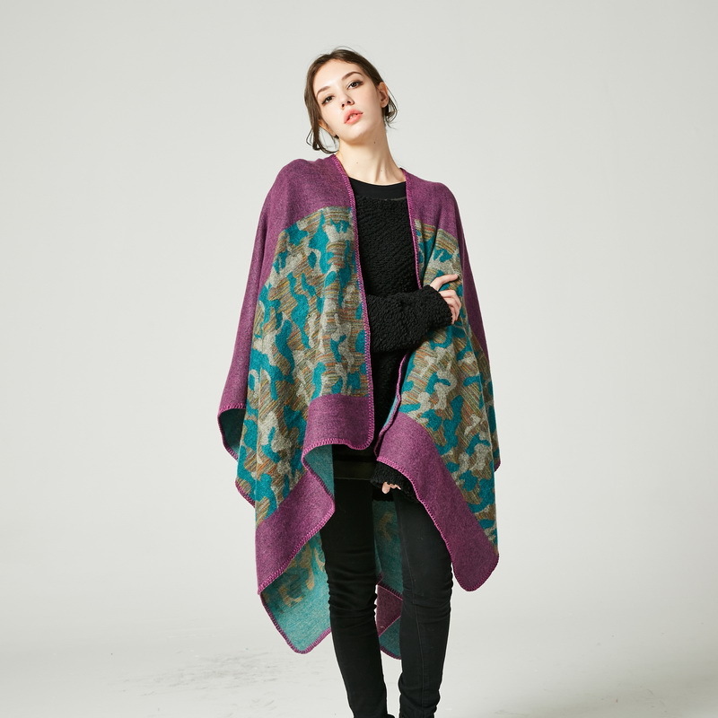 Womens Fashion Camouflage Imitation Cashmere Split Long Thickened Shawl Cape